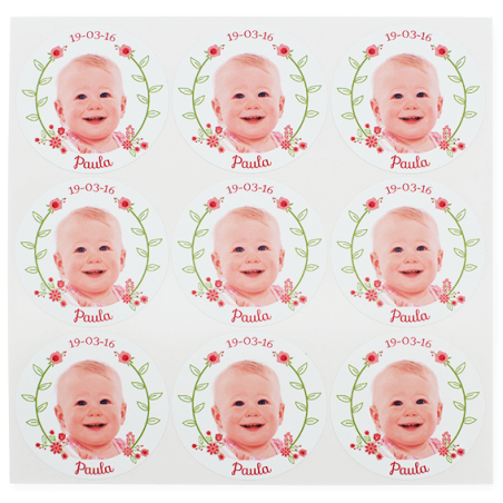 Okrúhle personalizované nálepky na krst s fotografiou